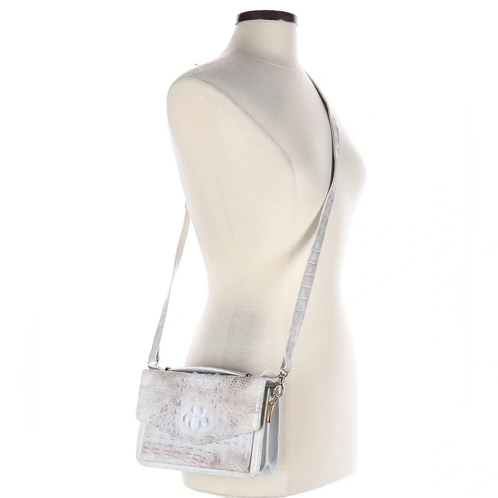 Grand Pelle Crocodile Embossed Leather White Flap Purse with Crossbody Strap